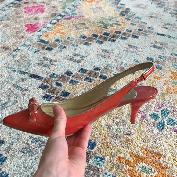 Ivanka Trump Sling Back Heels, Tangerine Orange Bow Heels - Picture 2 of 8